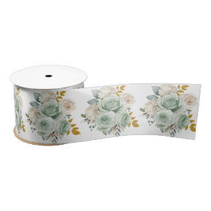 Sage Green and Gold Elegant Flowers Satin Ribbon