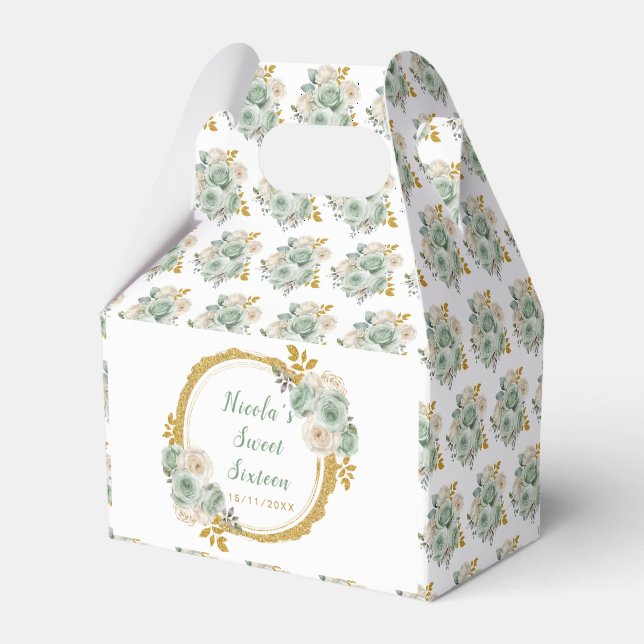 Sage Green and Gold Elegant Flowers Sweet Sixteen Favor Box (Front Side)