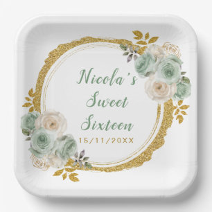 Sage Green and Gold Elegant Flowers Sweet Sixteen Paper Plate