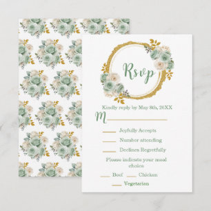 Sage Green and Gold Elegant Flowers Sweet Sixteen RSVP Card
