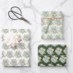 Sage Green and Gold Elegant Flowers Wrapping Paper Sheet