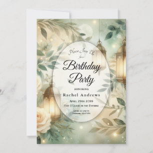 Sage Green and Ivory Rose Lantern Birthday Party Invitation