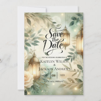 Sage Green and Ivory Rose Lantern Save the Date