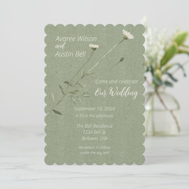 Sage Green and One Single Daisy Invitation (Standing Front)