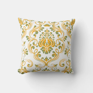Sage Green and Orange Damask Floral Pattern Throw Pillow