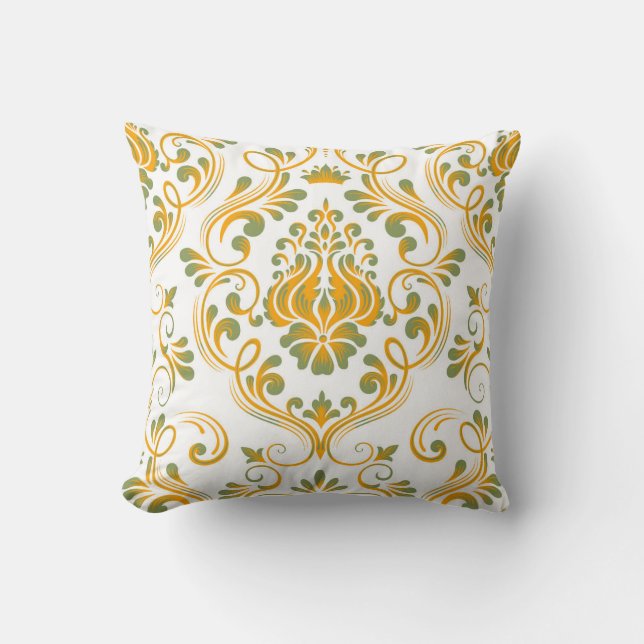 Sage Green and Orange Damask Floral Pattern  Throw Pillow (Front)