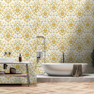 Sage Green and Orange Damask Floral peel and stick Wallpaper