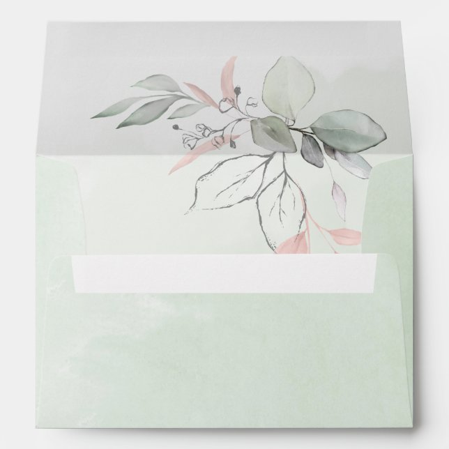 Sage Green and Pale Blush Pink Leaves Wedding Envelope (Back (Bottom))
