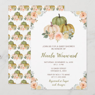 Sage Green and Peach Floral Pumpkins Baby Shower Invitation