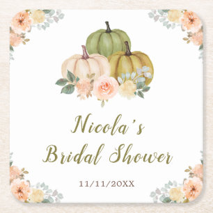 Sage Green and Peach Floral Pumpkins Bridal Shower Square Paper Coaster