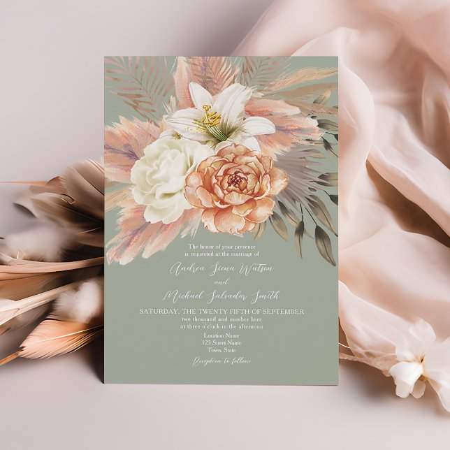 Sage Green and Peach Floral Wedding Invitation (Creator Uploaded)