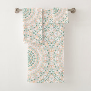 Sage Green and Peach Mandala Pattern Bath Towel Set