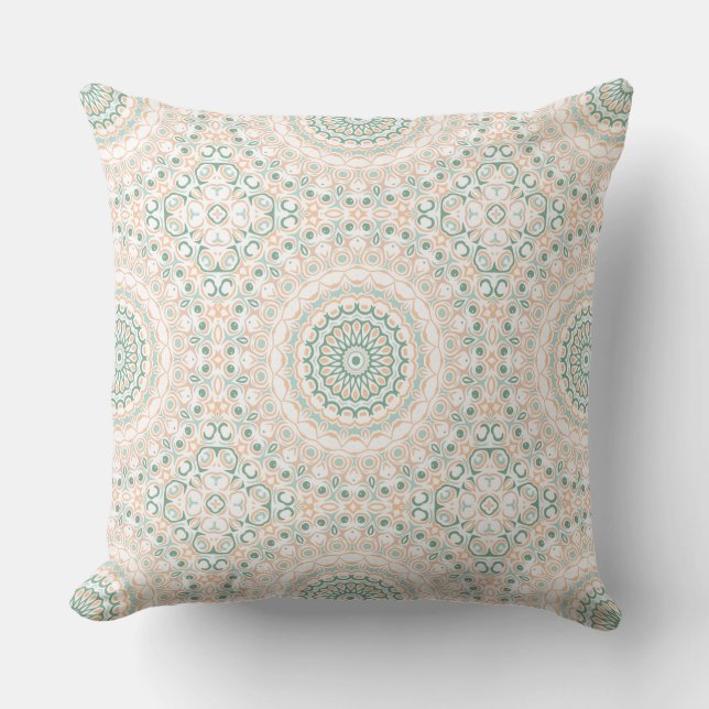 Sage Green and Peach Mandala Pattern Throw Pillow (Front)