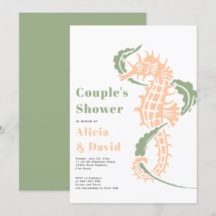Sage green and peach seahorse beach couples shower invitation