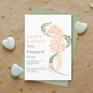 Sage green and peach seahorse engagement party invitation