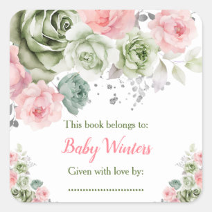 Sage Green and Pink Floral Baby Shower Bookplate Square Sticker