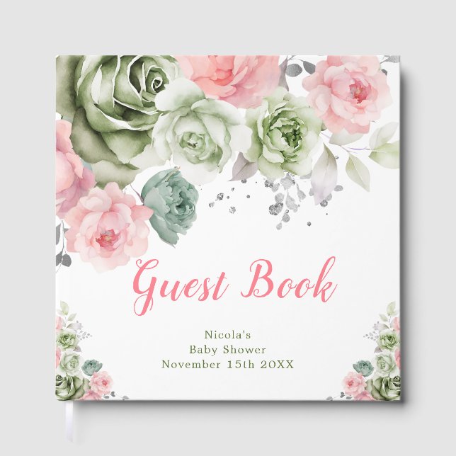 Sage Green and Pink Floral Baby Shower Guest Book (Front)