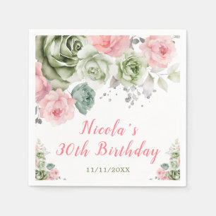 Sage Green and Pink Floral Birthday Napkin