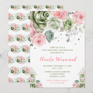 Sage Green and Pink Floral Birthday Party Invitation