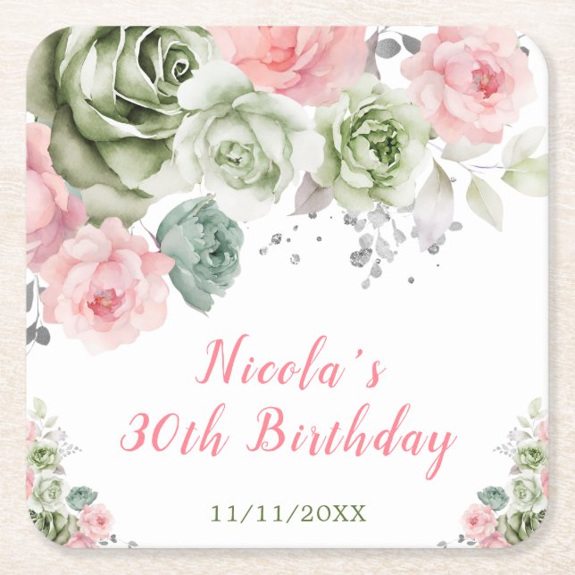 Sage Green and Pink Floral Birthday Square Paper Coaster (Front)
