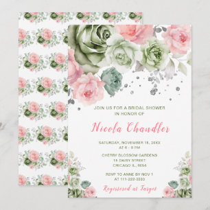 Sage Green and Pink Floral Bridal Shower Invitation