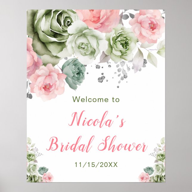 Sage Green and Pink Floral Bridal Shower Welcome Poster (Front)