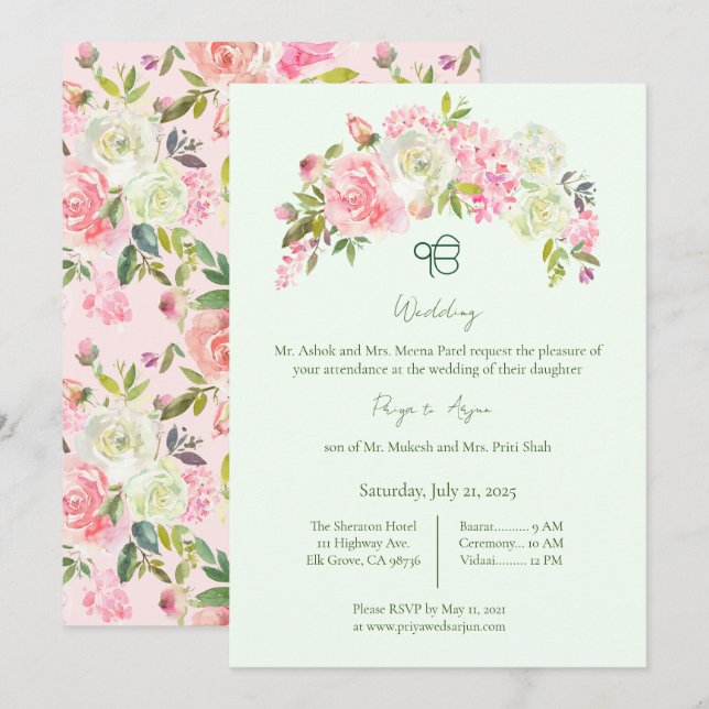 Sage Green and Pink Floral Sikh Ik Onkar Wedding Invitation (Front/Back)