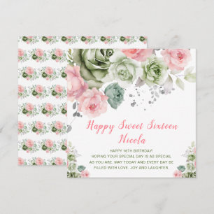 Sage Green and Pink Floral Sweet Sixteen Card