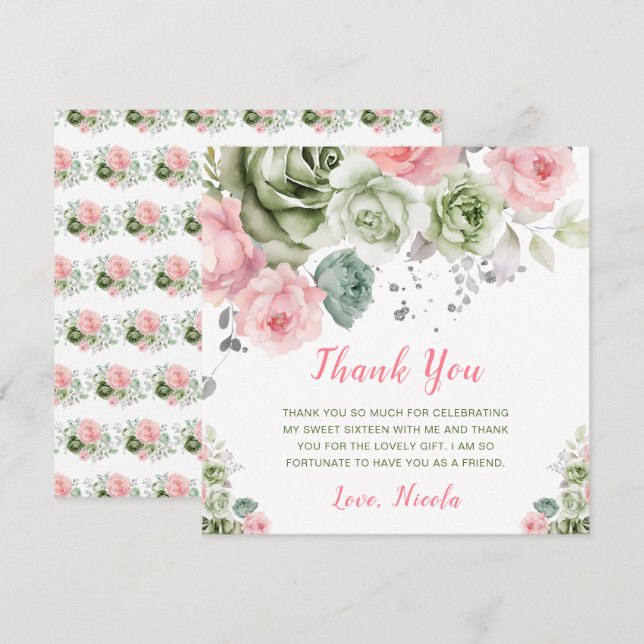 Sage Green and Pink Floral Sweet Sixteen Thank You Card (Front/Back)