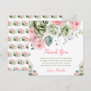 Sage Green and Pink Floral Sweet Sixteen Thank You Card