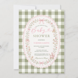 Sage Green and Pink Gingham Coquette Baby Shower Invitation