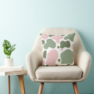Sage Green and Pink Playful Cow Print Throw Pillow
