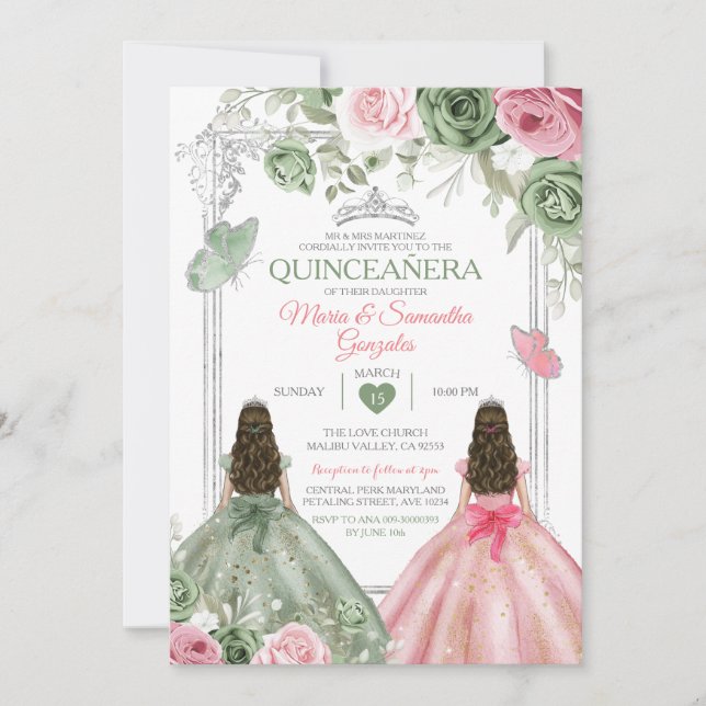 Sage Green And Pink Twin Quinceañera Butterfly Invitation (Front)