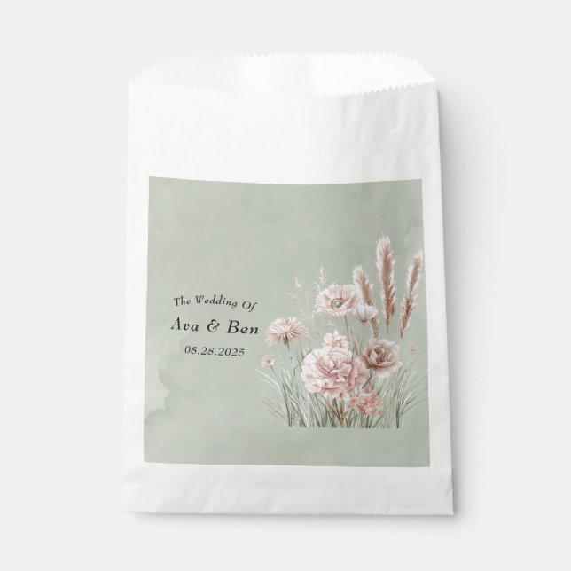 Sage Green and Pink Wildflowers Wedding Favour Bag (Front)