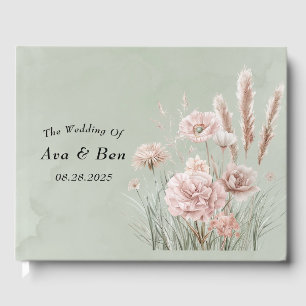 Sage Green and Pink Wildflowers Wedding Guest Book