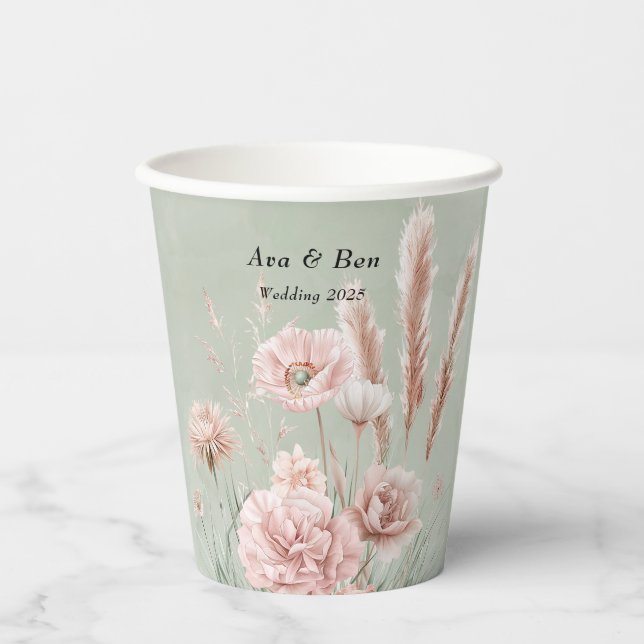 Sage Green and Pink Wildflowers Wedding Paper Cups (Front)