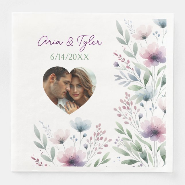 Sage Green and Plum Purple Botanical Wedding Napkin (Front)