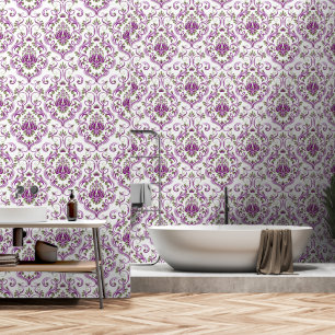 Sage Green and Purple Damask Floral peel and stick Wallpaper