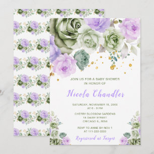 Sage Green and Purple Floral Baby Shower Invitation