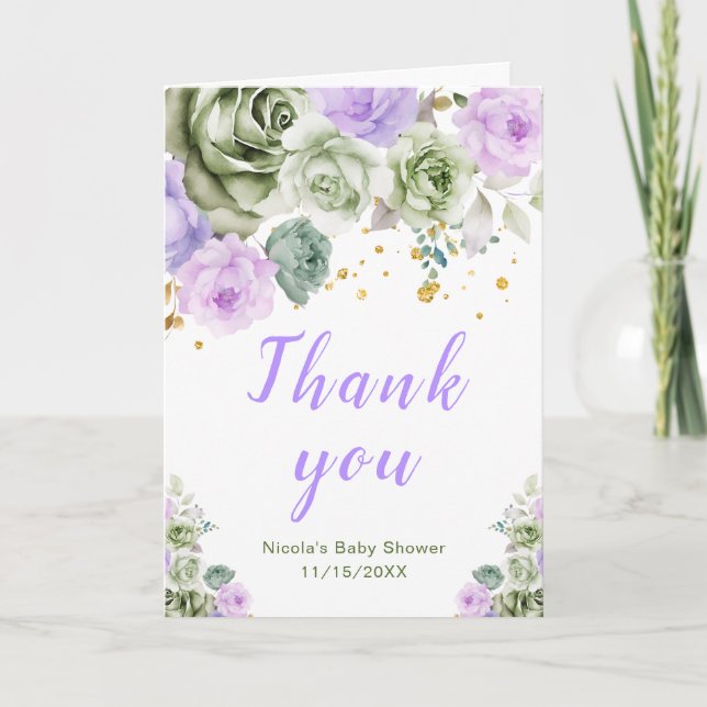 Sage Green and Purple Floral Baby Shower Thank You Card (Front)