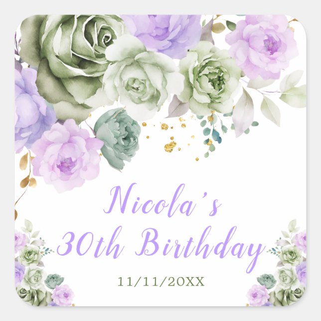 Sage Green and Purple Floral Birthday Party Square Sticker (Front)