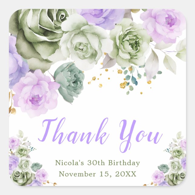 Sage Green and Purple Floral Birthday Party Square Sticker (Front)