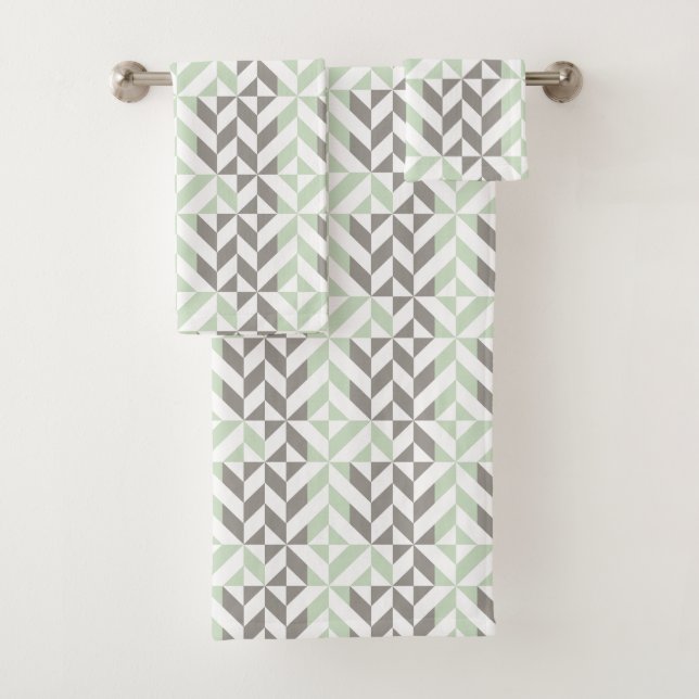 Sage Green and Silver Geometric ZigZag Bath Towel Set (Insitu)
