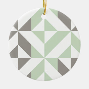 Sage Green and Silver Geometric ZigZag Ceramic Ornament