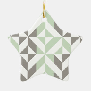 Sage Green and Silver Geometric ZigZag Ceramic Ornament