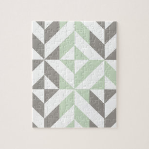 Sage Green and Silver Geometric ZigZag Jigsaw Puzzle