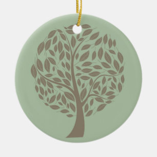 Sage Green and Soft Brown Stylized Eco Tree Ceramic Ornament