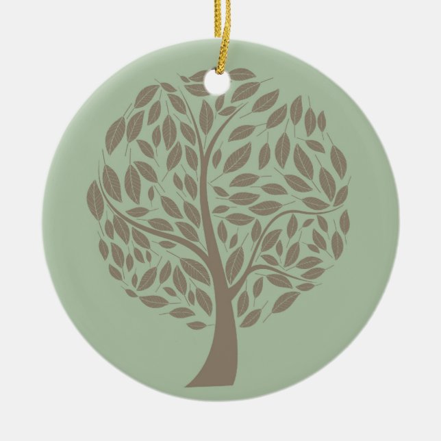 Sage Green and Soft Brown Stylized Eco Tree Ceramic Ornament (Front)