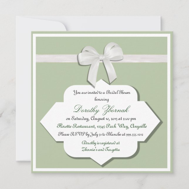 Sage Green and White Bow Bridal Shower Invitation (Front)