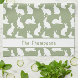 Sage Green And White Bunny Pattern And Name Easter Kitchen Towel